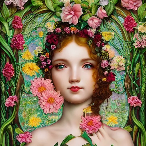 Image similar to a 3 d realistic image of a stunning women surrounded by lush flowers looking at the camera mark ryden, baroque, art nouveau, pop 3 d 8 k ultra detailed