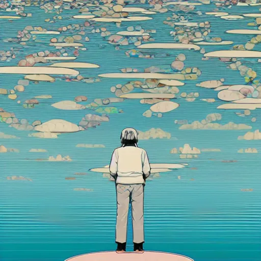 Image similar to a man walking on clouds away from the camera above a lake by takashi murakami, beeple and james jean, aya takano color style, 4 k, super detailed, modern, 4 k, symmetrical