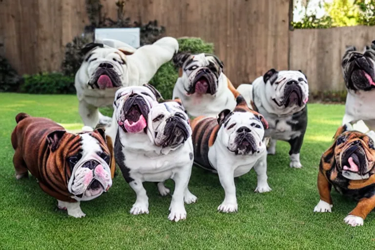 Image similar to a backyard full of bulldogs that are facing directly into the camera