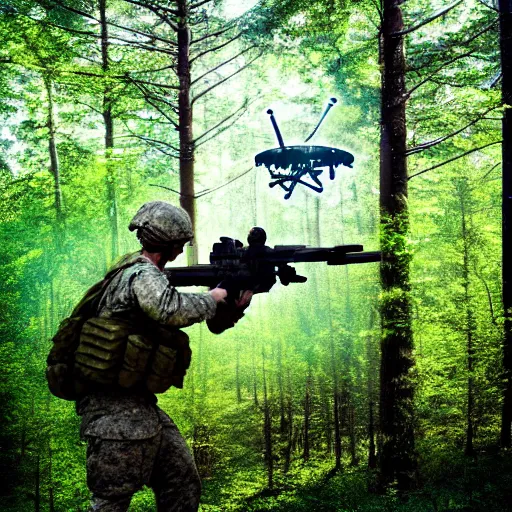 Image similar to A soldier in a forest shooting at an enemy drone with his machine gun, HDR, 8k, trending on artstation