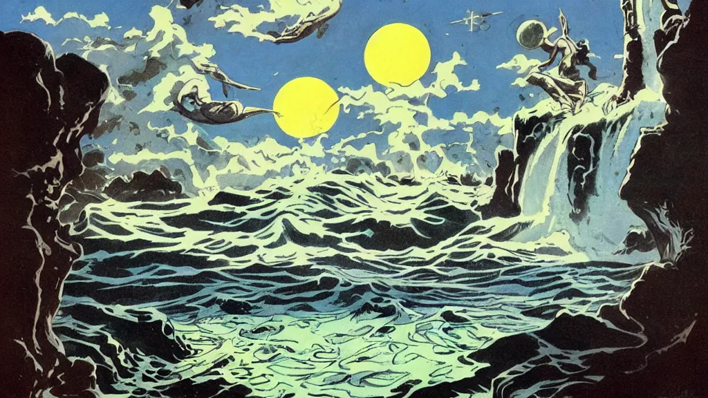 Prompt: beautiful view, painted by wally wood,