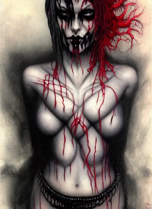 Image similar to cosplay goth female, fishnet, worksafe, light gray eyes, red lips, black hair, body fully covered with tattoos, fishnet clothes, beautiful detailed face, paint by frank frazetta and greg staples, gothic, gothic, rich deep colors. beksinski painting, part by adrian ghenie and gerhard richter. art by takato yamamoto. masterpiece