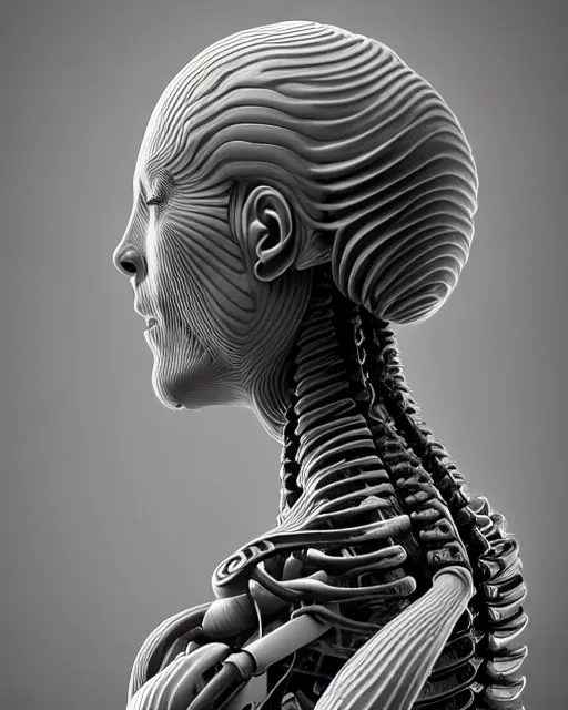 Image similar to raw bw 3 d redshift render biomechanical intricate spinal ribbed organic body detail of mechanical female vegetal - cyborg, beautiful insanely detailed, digital art, octane render, 8 k artistic photography, photo - realistic, unreal engine