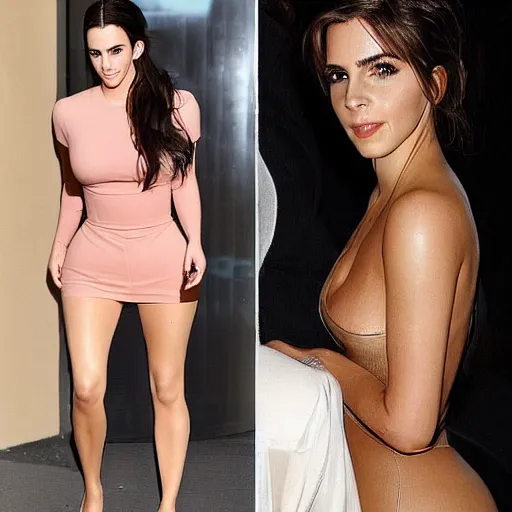 Image similar to a woman who is a genetic combination of kim kardashian and emma watson face and upper - body focus