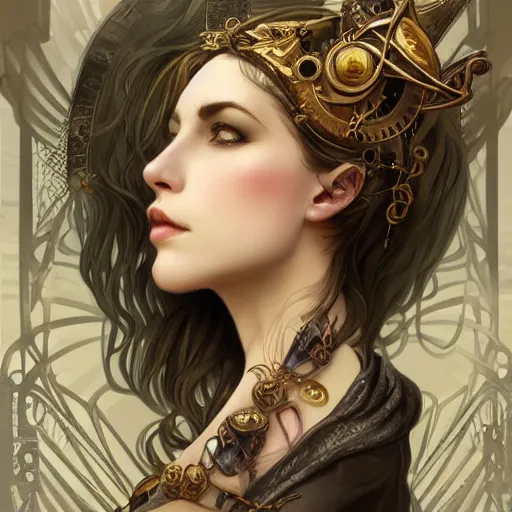 Image similar to a photograpic portrait of a pretty woman, steampunk, fantasy, intricate, elegant, highly detailed, digital painting, artstation, concept art, smooth, sharp focus, illustration, art by artgerm and h r giger and alphonse mucha