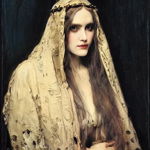 Prompt: portrait of a young women wearing a black cloak with a skull for a face, ultra realistic and highly detailed painting by gaston bussiere and j. c. leyendecker 8 k