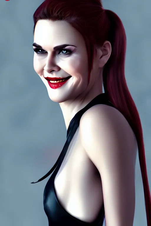 Image similar to mix of beautiful young maria shriver, mariel hemmingway, brooke shields, nicole kidman and elle macpherson as a vampire showing vampire teeth, ready to bite, thin lips, hair tied up in a pony tail, dark blonde hair, colorful, artstation, cgsociety