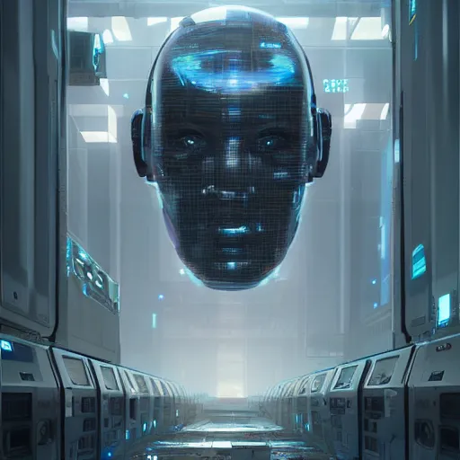 Prompt: professional painting of monumental conscious supercomputer with huge - cybernetic - face!!!! in endless server room, trending on artstation, cyberpunk, sci - fi, futuristic, by greg rutkowski and maciej kuciara, high quality