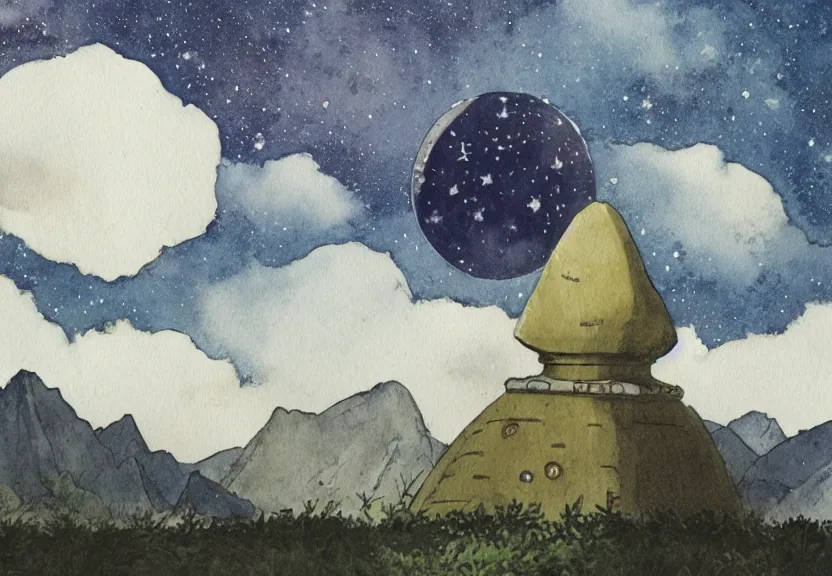 Image similar to a cell - shaded watercolor concept art from a studio ghibli film showing one giant grey ufo. in the background is machu pichu on a misty and starry night. by studio ghibli. very dull muted colors