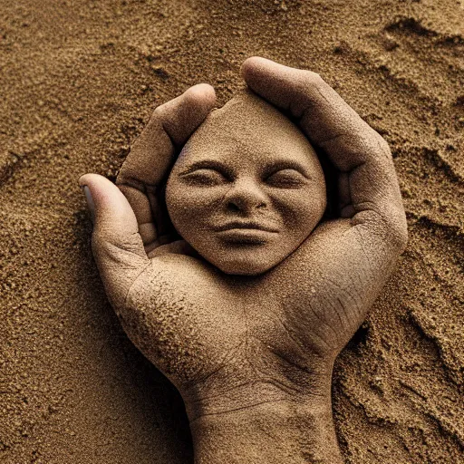Image similar to a hand holding a face made of sand vanishing, photorrealistic, 8 k