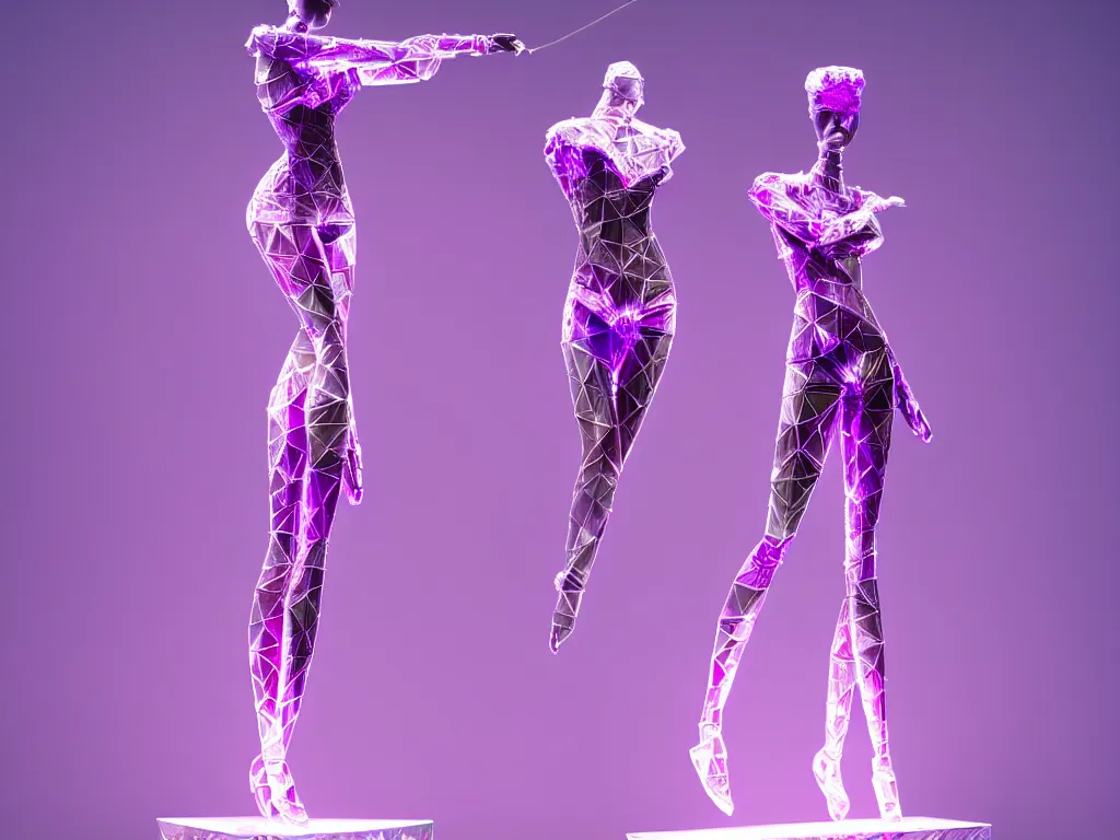 Image similar to beautiful mannequin sculpted out of amethyst by billelis + lit with purple 3 d geometric neon + chrome geometric cubed bonsai plants!!!!, doorway opening with neon pink geometric light, clean linework, dramatic, finely detailed, rule of thirds, moody, confident, award winning, 4 k, trending on artstation, photorealistic, volumetric lighting, octane render