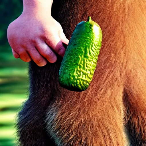 Prompt: bigfoot holding a pickle in his hand, color photograph, nature photograph, national geographic, 4 k.