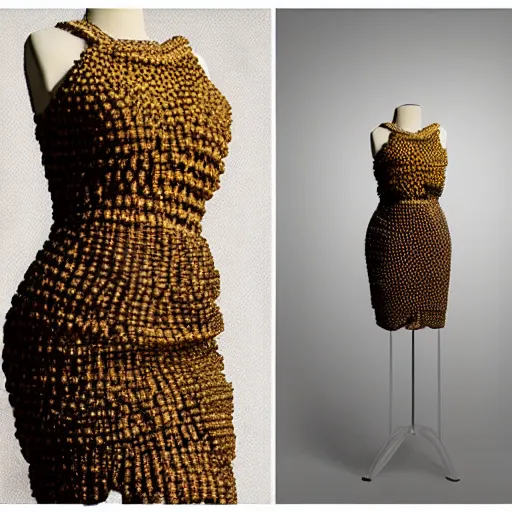 Image similar to a beautiful dress made of a bee hive, on a mannequin. high resolution, studio lighting