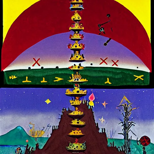 Image similar to pixel decollage painting tarot devil card composition tower of babel road red armor maggot bear and wonky alien frog skeleton knight on a horse in a dark red cloudy night sky with golden foil jewish stars, occult symbols and diamonds, mountain lake and blossoming field in background, painted by Mark Rothko, Helen Frankenthaler, Danny Fox and Hilma af Klint, pixelated, neo expressionism, semi naive, pastel colors, cinematic, color field painting, cave painting, voxel, pop art look, outsider art, minimalistic. Bill Traylor painting, part by Philip Guston and Francis Bacon. art by Adrian Ghenie, very coherent symmetrical artwork, cinematic, hyper realism, high detail, octane render, unreal engine, Smooth gradients, depth of field, full body character drawing, extremely detailed, 8k, extreme detail, intricate detail, masterpiece