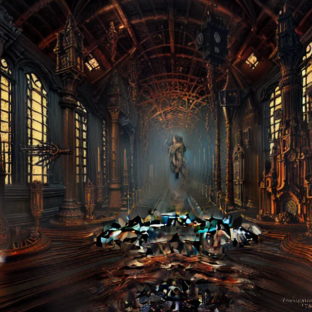 Image similar to steam necropolis, memento mori, gothic, neo - gothic, art nouveau, hyperdetailed copper patina medieval icon, stefan morrell, philippe druillet, ralph mcquarrie, concept art, steampunk, unreal engine, detailed intricate environment, octane render, moody atmospherics, volumetric lighting, ultrasharp, ominous, otherworldly