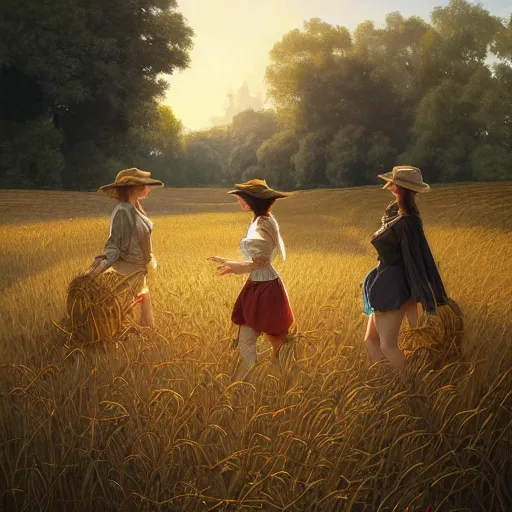 Prompt: ultra realistic illustration of three young friends walking on rails through the fields of hay, sunny summer day, nice mood, highly detailed, digital painting, artstation, concept art, smooth, sharp focus, illustration, art by artgerm and greg rutkowski and alphonse mucha