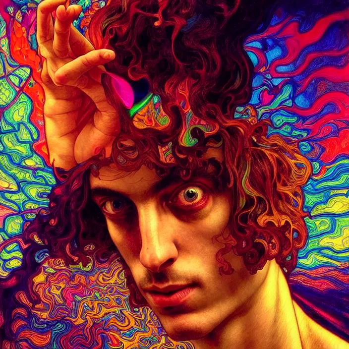 Image similar to bright psychedelic photo of SYD BARRET tripping on lsd, diffuse lighting, fantasy, intricate, elegant, highly detailed, lifelike, photorealistic, digital painting, artstation, illustration, concept art, smooth, sharp focus, art by John Collier and Albert Aublet and Krenz Cushart and Artem Demura and Alphonse Mucha