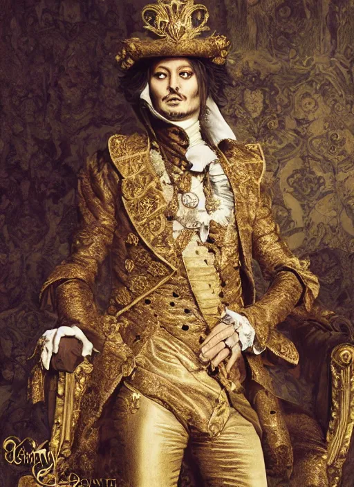 Image similar to johnny depp as king louis xv, hyper detailed, digital art, trending in artstation, cinematic lighting, studio quality, smooth render, unreal engine 5 rendered, octane rendered, art style by klimt and nixeu and ian sprigger and wlop and krenz cushart