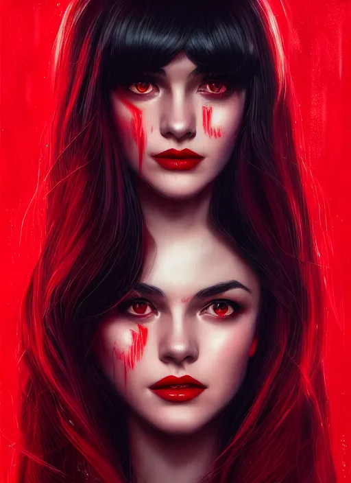 Image similar to portrait of veronica lodge with bangs, vampire, long hair, red clothes, bangs, intricate, elegant, glowing lights, highly detailed, digital painting, artstation, concept art, smooth, sharp focus, illustration, art by wlop, mars ravelo and greg rutkowski