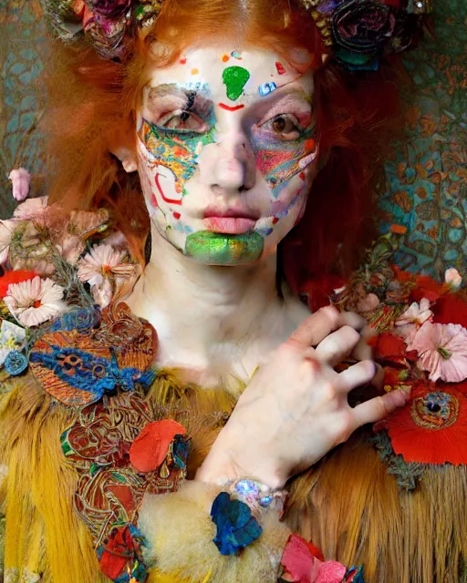 Image similar to a beautiful girl wearing colourful face paint surrounded by bright intricate patterns, by edgar maxence and caravaggio and michael whelan, intricate painting, hyper realistic, extremely detailed and beautiful aesthetic face, 8 k resolution