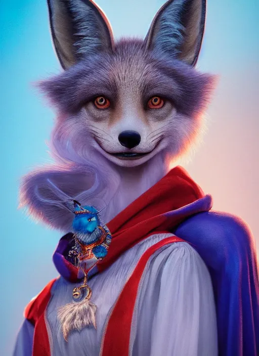 Image similar to an anthropomorphic beautiful female wizard portrait made of fox holding a staff wearing colourful robe, fine art, award winning, intricate, elegant, sharp focus, octane render, hyperrealistic, cinematic lighting, highly detailed, digital painting, 8 k concept art, art by jamie hewlett and z. w. gu, masterpiece, trending on artstation, 8 k
