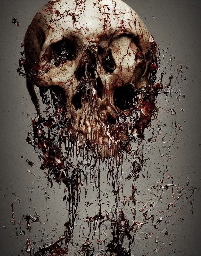 Image similar to portrait of a melting wax skull. intricate abstract. sharp teeth. delicate artwork. infected by zombie fungus. by Tooth Wu, wlop, beeple, dan mumford. octane render, trending on artstation, greg rutkowski very coherent symmetrical artwork. cinematic, hyper realism, high detail, octane render, 8k, depth of field, bokeh. chrome accents.