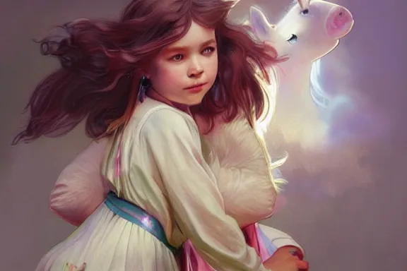 Image similar to little girl in pajamas riding a unicorn, realistic portrait, highly detailed, digital painting, artstation, concept art, smooth, sharp focus, illustration, cinematic lighting, art by artgerm and greg rutkowski and alphonse mucha