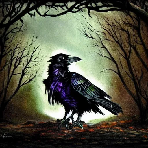 Prompt: fantasy painting of a raven by the blair witch project | horror themed | creepy