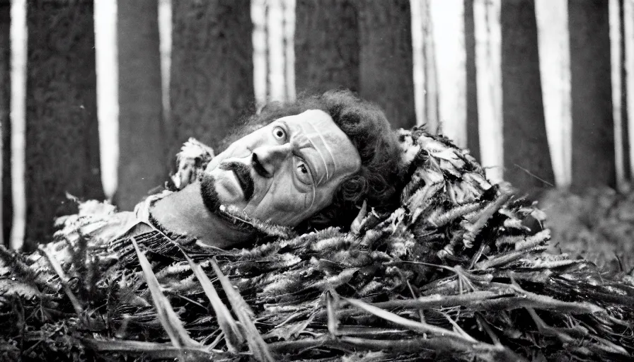 Image similar to 1 9 6 0 s movie still close up of marcus aurelius with frozen face and toga, laying down on the danube's shore pine forests, cinestill 8 0 0 t 3 5 mm b & w, high quality, heavy grain, high detail, texture, dramatic light, anamorphic, hyperrealistic, foggy