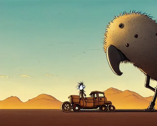 Image similar to a cell shaded cartoon giant grey lovecraftian mechanized ostrich from howl's moving castle ( 2 0 0 4 ), with a big head, on a desert road, wide shot, sunset, golden hour, muted colors, post grunge, josan gonzales, wlop, by james jean, victor ngai, hq, deviantart, art by artgem