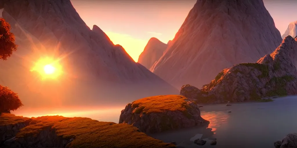 Prompt: a beautiful landscape, sun rises between two mountains, fantasy artwork by john stephans unreal engine 5, extremely detailed, hyper realism