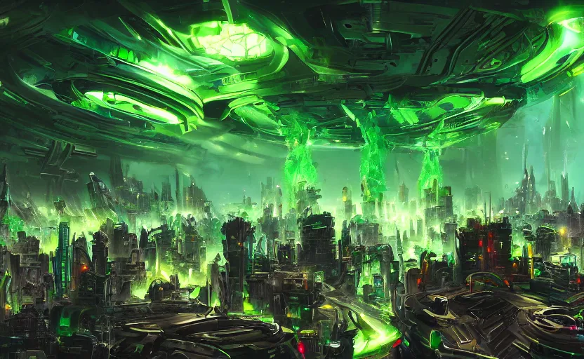 Image similar to an alien mothership crashlands into a sprawling metropolis, gigantic green explosions of energy, digital painting masterpiece, concept art, 4 k wallpaper, beautiful, advanced lighting technology, intense cinematic quality