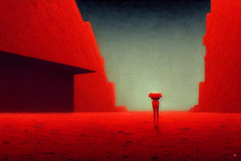 Image similar to only with red, a red god of death eat apple, a futuristic city on mars in background, floor are worms, in the style of beksinski, part by hopper, part by rodcenko, part by hofbauer, intricate composition, red by caravaggio, insanely quality, highly detailed, masterpiece, red light, artstation