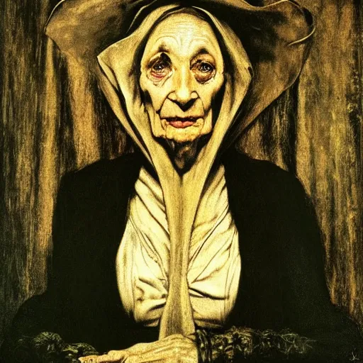 Prompt: portrait, old wrinkled witch. dark clothes. by El Greco, Remedios Varo, Salvador Dali, Carl Gustav Carus, John Atkinson Grimshaw. high detail, great lighting, 8k resolution, masterpiece, concept art, illustration