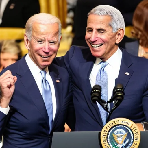 Image similar to profile view of pregnant Joe Biden spooned by Anthony Fauci, large round stomach, award winning,