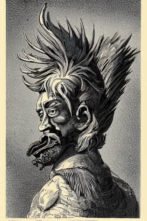 Prompt: 19th century wood-engraving of a confident muscular rooster headed man, whole page illustration from Jules Verne book titled Stardust Crusaders, art by Édouard Riou Jules Férat and Henri de Montaut, frontal portrait, high quality, beautiful, highly detailed, removed watermarks