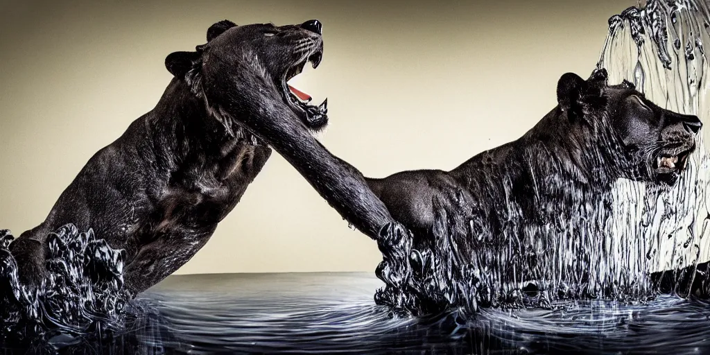 Image similar to a black lioness made of ferrofluid bathing inside the bathtub full of ferrofluid, covered in dripping ferrofluid. dslr, photography, realism, animal photography