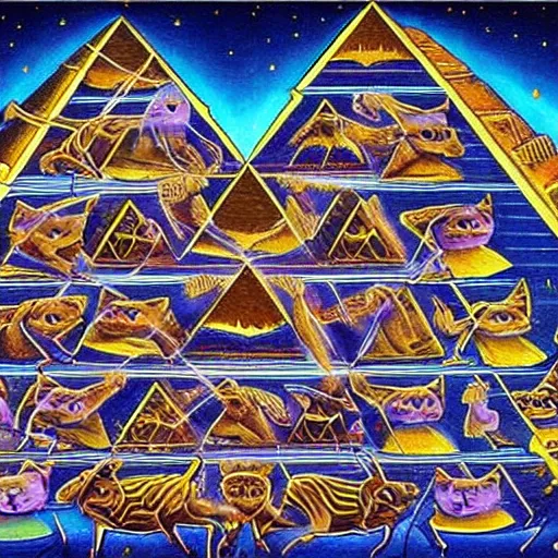 Image similar to cat aliens building the pyramids of giza painting alex grey style