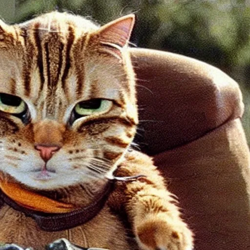 Prompt: A still of Garfield the cat in Rambo First Blood (1982)