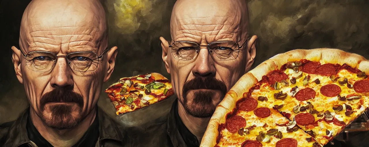 Image similar to epic portrait of walter white with pizza on his head from breakingbad, detailed, digital painting, artstation, concept art, donato giancola, joseph christian leyendecker, wlop, boris vallejo, breathtaking, high details, extremely detailed, establishing shot, artistic, hyper realistic, still shot from breakingbad series - h 7 6 8