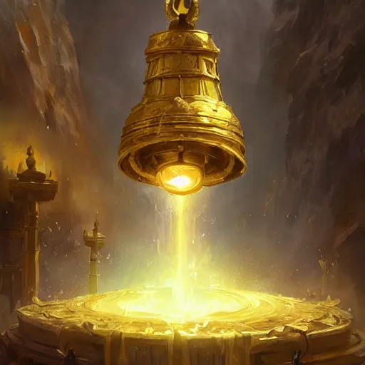 Image similar to a holy bell ringing, a giant golden holy bell, hearthstone art style, epic fantasy style art by Craig Mullins, fantasy epic digital art, epic fantasy card game art by Greg Rutkowski