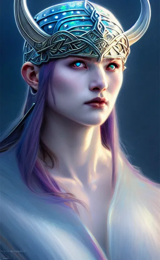 Image similar to iridescent opal viking warrior, winter, snow, morandi color scheme, hd, illustration, epic, d & d, fantasy, intricate, elegant, highly detailed, wide angle, digital painting, artstation, concept art, smooth, sharp focus, illustration, wallpaper, art by artgerm and greg rutkowski and alphonse mucha and jin xiaodi