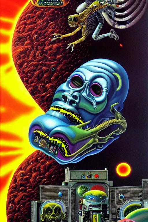 Image similar to a hyperrealistic painting of a cinematic space opera horror by chris cunningham, lisa frank, richard corben, highly detailed, vivid color,