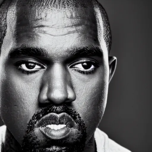 Image similar to the face of young kanye west wearing yeezy clothing at 3 3 years old, black and white portrait by julia cameron, chiaroscuro lighting, shallow depth of field, 8 0 mm, f 1. 8