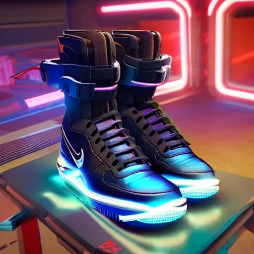 Image similar to nike airforce from cyberpunk 2 0 7 7, 3 d, ultra - realistic