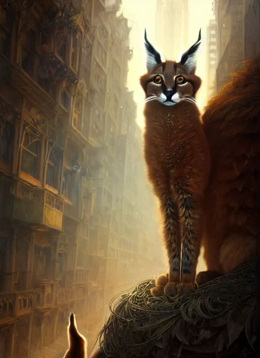 Image similar to a cute fluffy caracal, in postapocalypse city, diffuse lighting, fantasy, intricate, elegant, highly detailed, lifelike, photorealistic, digital painting, artstation, illustration, concept art, smooth, sharp focus, art by john collier and artem demura and albert aublet and krenz cushart and alphonse mucha