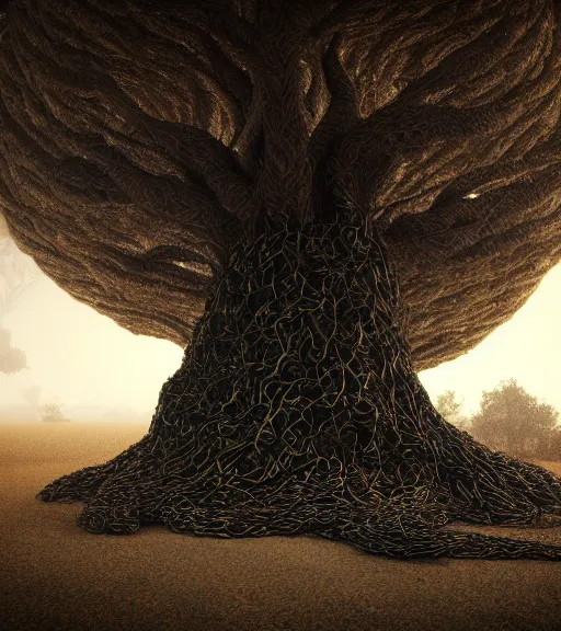 Image similar to surreal theory of a tree made of snakes, futuristic ancient tree in the desert, foggy sky, dark night, octane render, unreal engine, pale colors, high detail, 8 k, wide angle, trending on artstation, behance