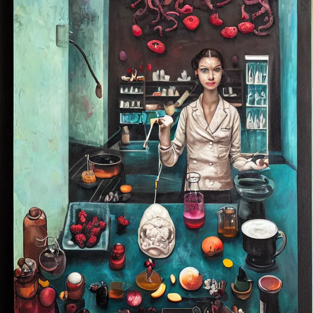 Prompt: uncluttered dark kitchen of an art student, sensual portrait of a female pathologist holding a brain, japanese pottery, scales, tropical houseplants, test tubes, honey dripping from ceiling, berries dripping juice, pancakes, pomegranate, berries, alpaca sculpture, octopus, scientific glassware, neo - expressionism, surrealism, acrylic and spray paint and oilstick on canvas