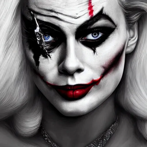 Prompt: beautiful margot robbie with joker makeup, highly detailed, realistic face, digital art