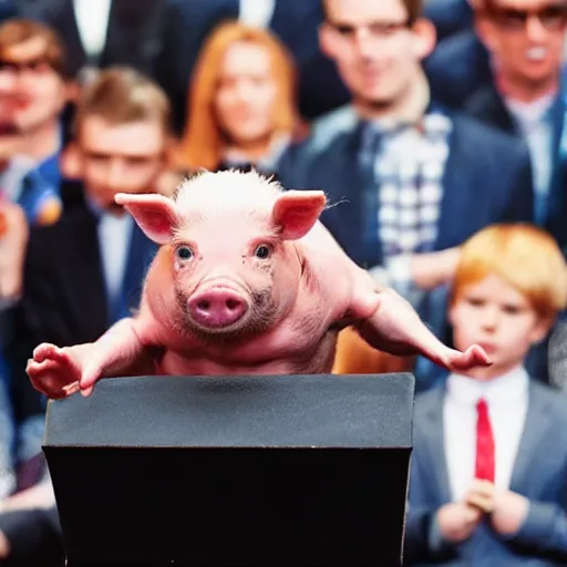 Image similar to a miniature pig in a suit giving a speech in front of a crowd of people